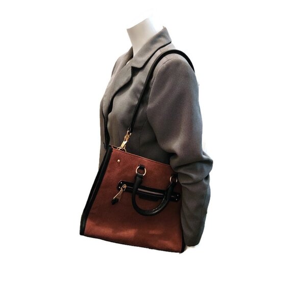 Aimee Kestenberg Stockbridge Brown Corduroy Leather Triple Entry Satchel Bag - Picture 10 of 10